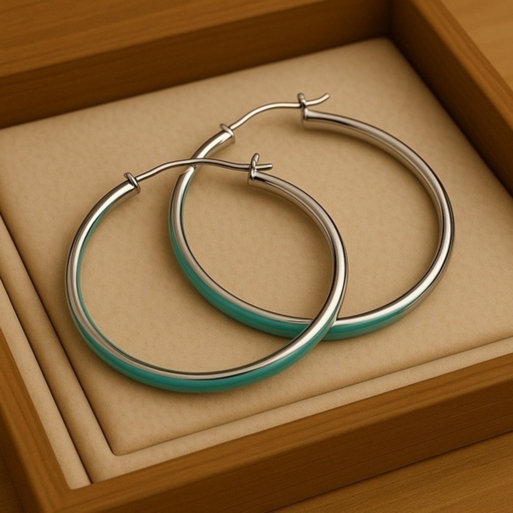 2.5" diameter new hoop earrings.  Silver/green. #125